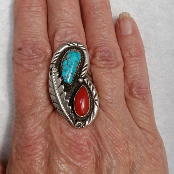 Native American Turquoise Red Coral Statement Sterling Silver Ring - Picture 2 of 7